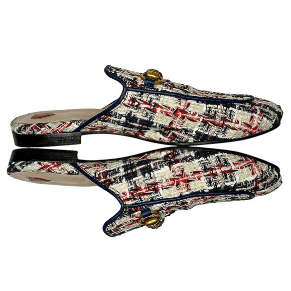 Gucci Princetown Tweed Horsebit Mules Navy Blue Red Logo Loafers EU 36 US 6 - Picture 4 of 8